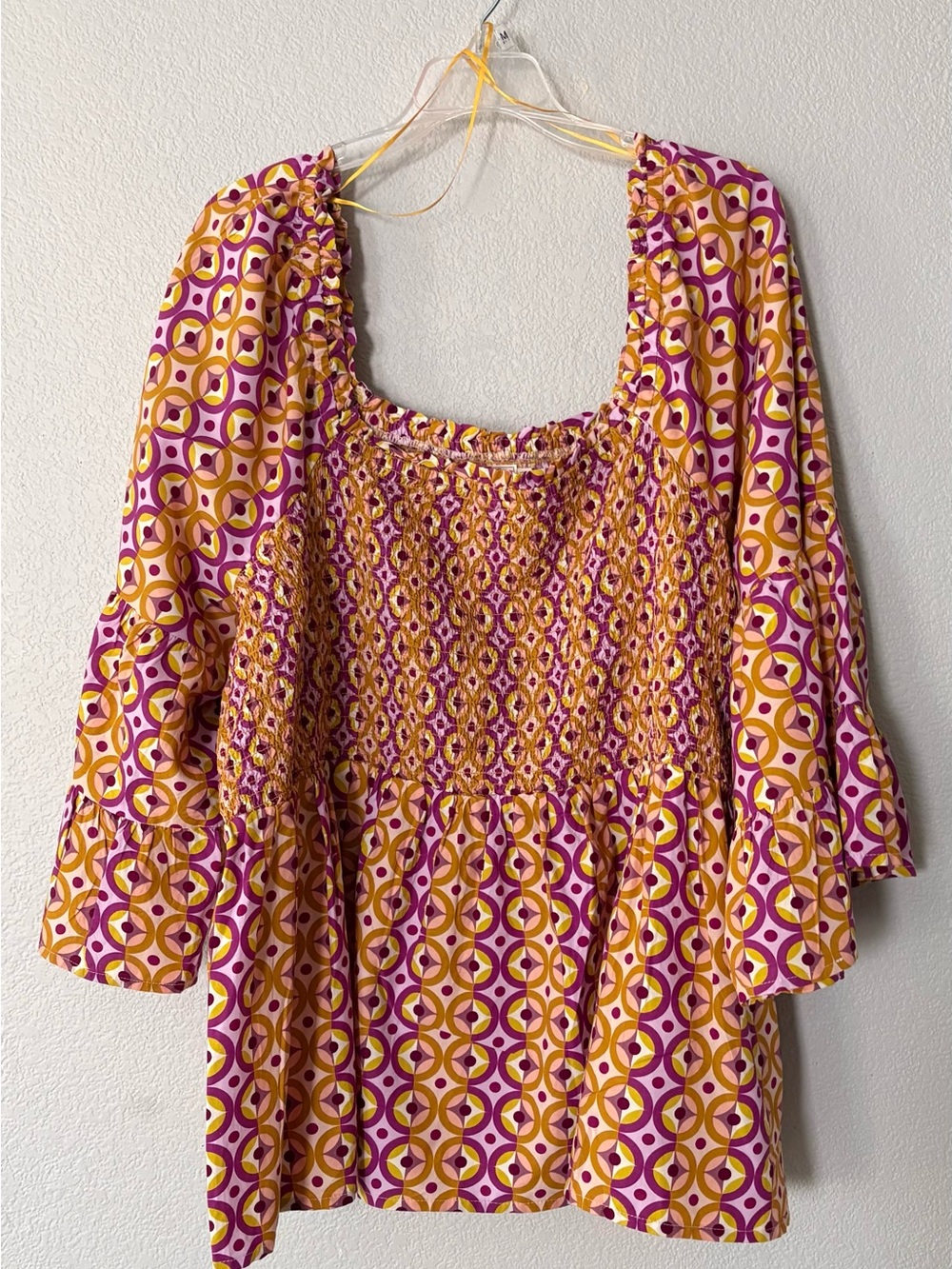 Terra & Sky Pink and Yellow Smocked Square-Neck Tunic sz 3X